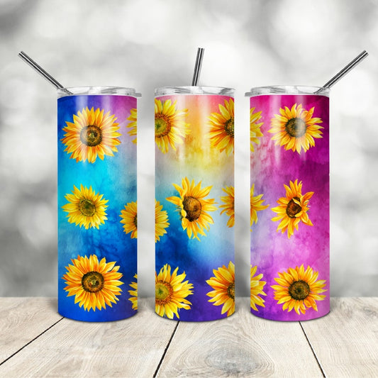 20oz Stainless Steel Tumbler with lid and Straw in " Sunflowers"Design