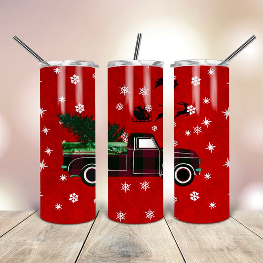 20oz Stainless Steel Tumbler with lid and Straw in "Winter Christmas Truck" Design