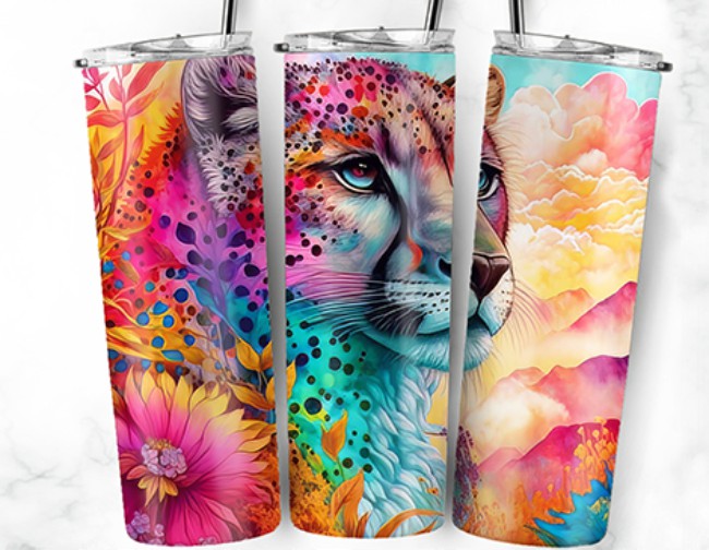 20oz Stainless Steel Tumbler with lid and Straw in "Cheetah Inks" Design