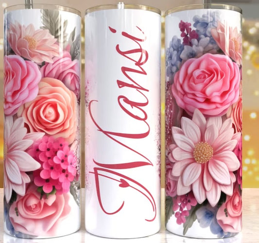 20oz Stainless Steel Tumbler with lid and Straw in "Personalized with your name Floral"  Design