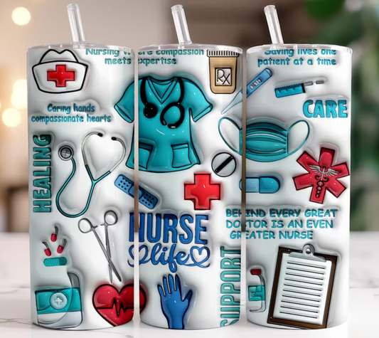 20oz Stainless Steel Tumbler with lid and Straw in "Nurses "Design