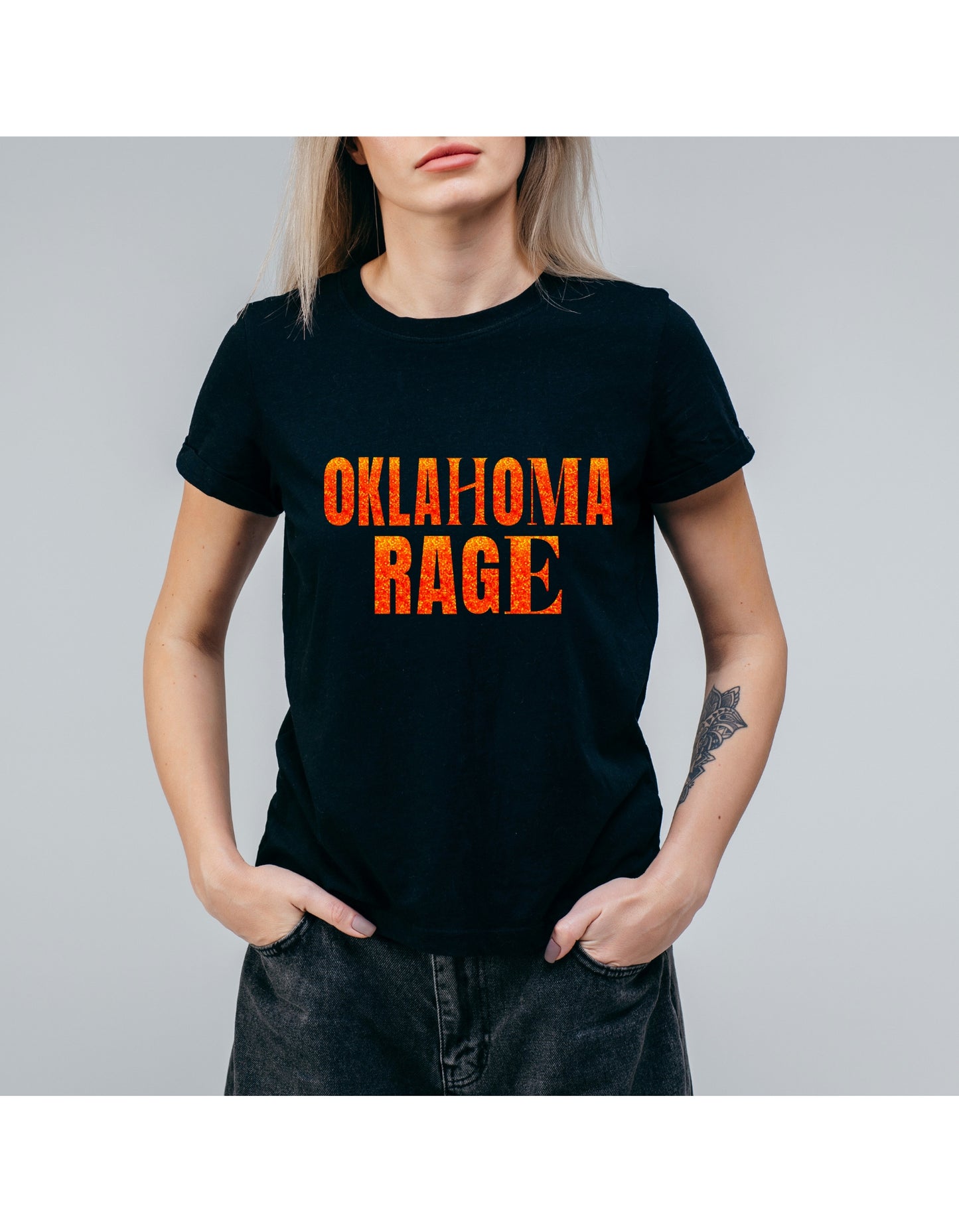 Oklahoma Rage Woman's Football Gear " Orange Glitter" sweatshirt or T-shirt