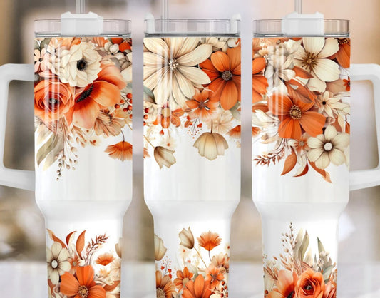 40oz Stainless Steel Tumbler with Handle and a Autumn Floral design