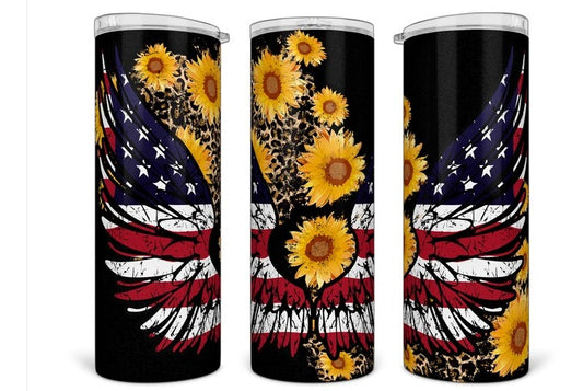 20oz Stainless Steel Tumbler with lid and Straw in "Us Flag and Sunflowers"