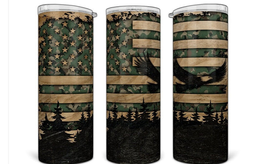 20oz Stainless Steel Tumbler with lid and Straw in "Patriotic Woodgrain"