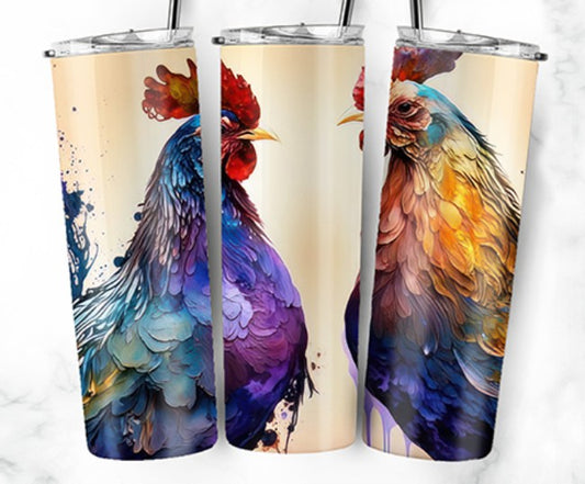 20oz Stainless Steel Tumbler with lid and Straw in "Rooster Inks" Design