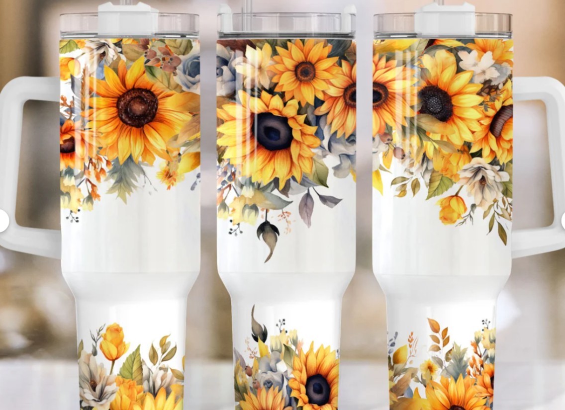 40oz Stainless Steel Tumbler with Handle and a sunflower design