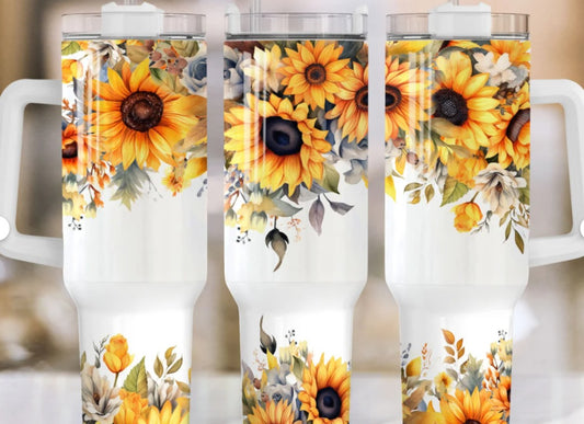 40oz Stainless Steel Tumbler with Handle and a sunflower design