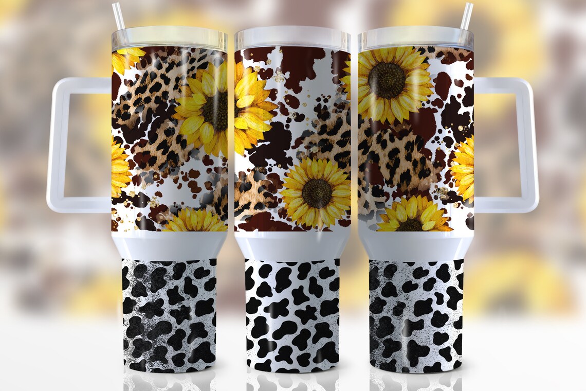 40oz Stainless Steel Tumbler with Sunflowers and Cow Print