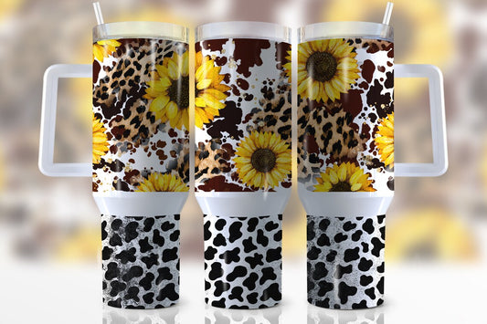 40oz Stainless Steel Tumbler with Sunflowers and Cow Print