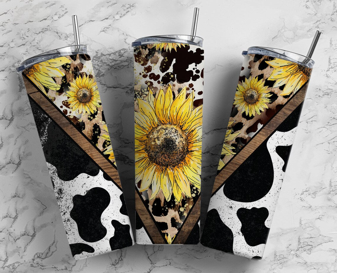 20oz Stainless Steel Tumbler with Sunflowers and Cow Print