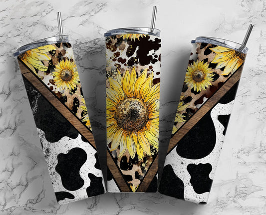 20oz Stainless Steel Tumbler with Sunflowers and Cow Print