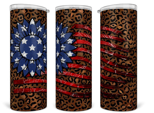 20oz Stainless Steel Tumbler with lid and Straw in "US Leopard Sunflower Flag"