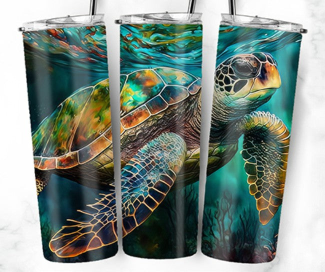 20oz Stainless Steel Tumbler with lid and Straw in "Turtle Inks" Design