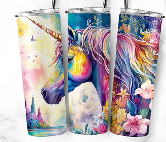 20oz Stainless Steel Tumbler with lid and Straw in "Unicorn Inks" Design
