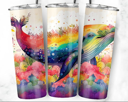 20oz Stainless Steel Tumbler with lid and Straw in "Whale Inks" Design