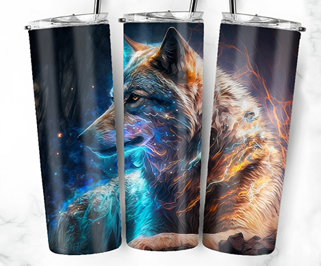 20oz Stainless Steel Tumbler with lid and Straw in "Wolf" Design